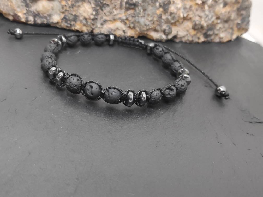 Lava Hematite beads bracelet, Black Beads Bracelet, Macrame Adjustable Beaded Bracelet Natural Gemstone,Handmade protection grounding