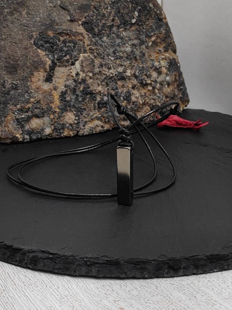 Rectangular Pendant Necklace for Men, Gunmetal Rectangular Necklace Stainless Steel Pendant Men, Adjustable Black Cord Necklace