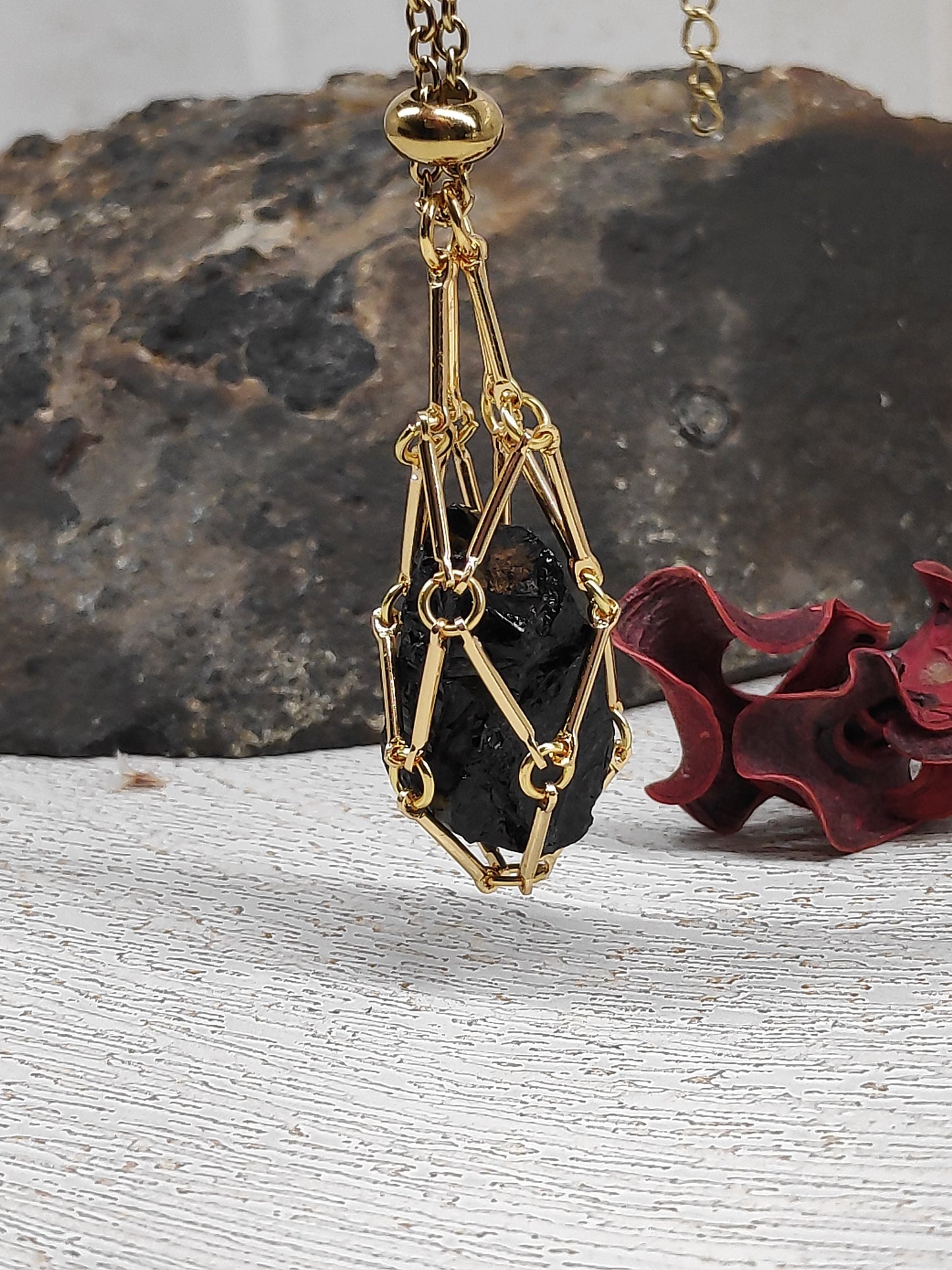 Raw Obsidian Necklace, Stainless Steel Cage Replaceable Crystal Pendant Necklace, Rough Black Obsidian Pendant, Protection Jewelry women