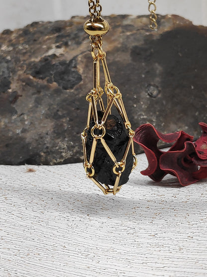 Raw Obsidian Necklace, Stainless Steel Cage Replaceable Crystal Pendant Necklace, Rough Black Obsidian Pendant, Protection Jewelry women