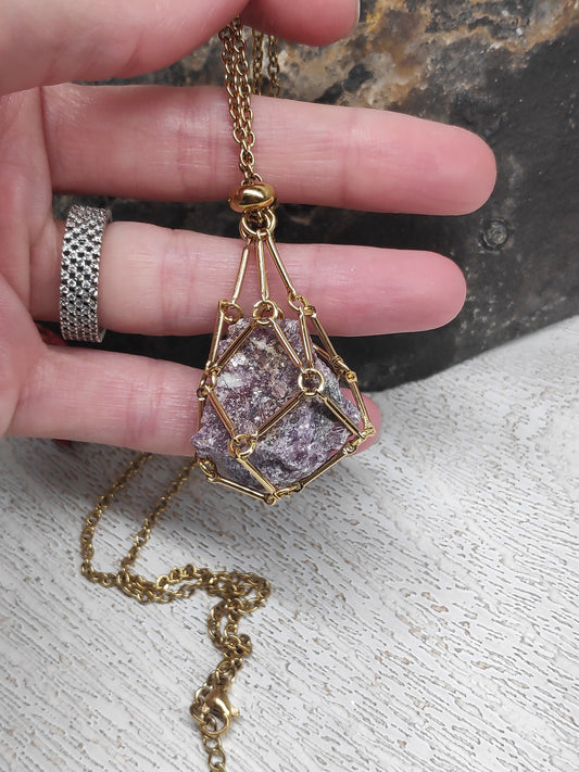 Natural Raw Lepidolite Necklace, Crystal Cage, Crystal Holder Pendant Necklace Lepidolite Pendant Gemstone Protection Healing Jewelry