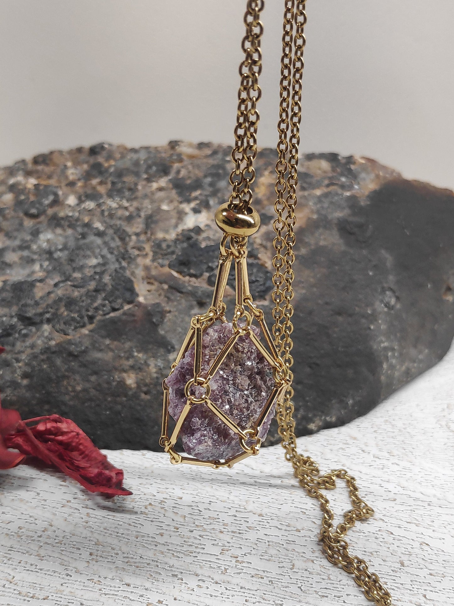 Natural Raw Lepidolite Necklace, Crystal Cage, Crystal Holder Pendant Necklace Lepidolite Pendant Gemstone Protection Healing Jewelry