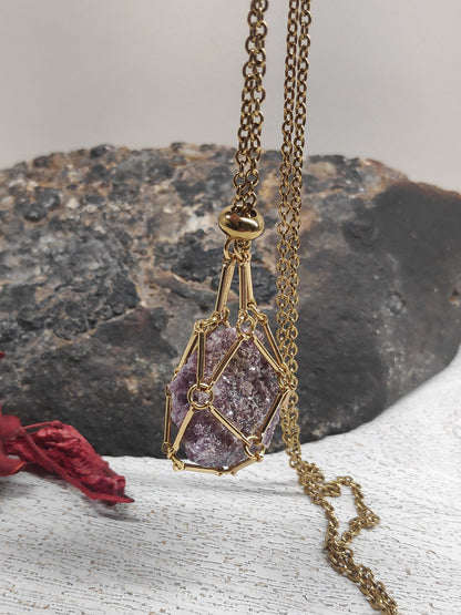 Natural Raw Lepidolite Necklace, Crystal Cage, Crystal Holder Pendant Necklace Lepidolite Pendant Gemstone Protection Healing Jewelry