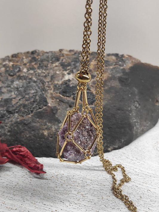 Natural Raw Lepidolite Necklace, Crystal Cage, Crystal Holder Pendant Necklace Lepidolite Pendant Gemstone Protection Healing Jewelry