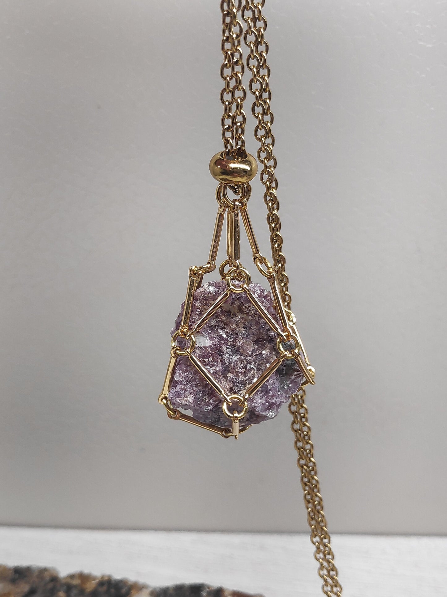Natural Raw Lepidolite Necklace, Crystal Cage, Crystal Holder Pendant Necklace Lepidolite Pendant Gemstone Protection Healing Jewelry