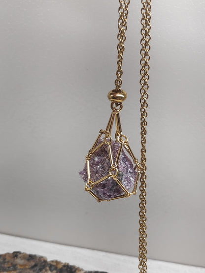 Natural Raw Lepidolite Necklace, Crystal Cage, Crystal Holder Pendant Necklace Lepidolite Pendant Gemstone Protection Healing Jewelry