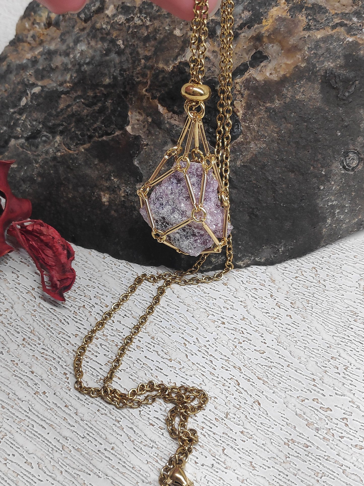 Natural Raw Lepidolite Necklace, Crystal Cage, Crystal Holder Pendant Necklace Lepidolite Pendant Gemstone Protection Healing Jewelry