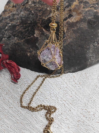 Natural Raw Lepidolite Necklace, Crystal Cage, Crystal Holder Pendant Necklace Lepidolite Pendant Gemstone Protection Healing Jewelry