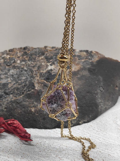 Natural Raw Lepidolite Necklace, Crystal Cage, Crystal Holder Pendant Necklace Lepidolite Pendant Gemstone Protection Healing Jewelry