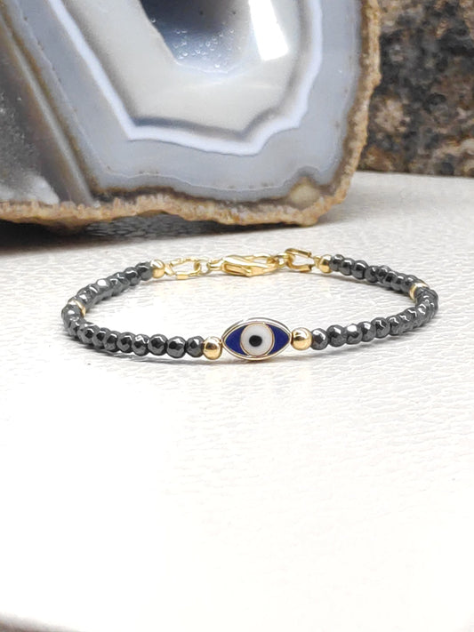 Evil eye bracelet, Faceted Hematite beaded bracelet,  Healing Stone  Grounding Protection Gemstone handmade jewelry, gift for girlfriend