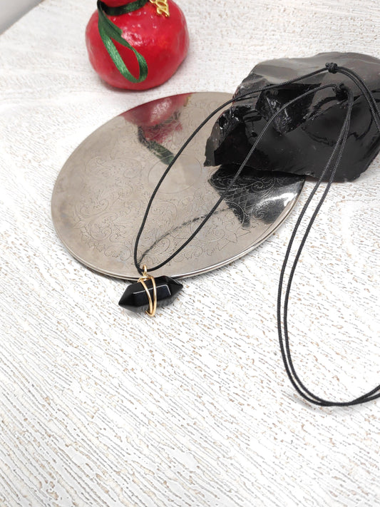 Black Obsidian Hexagon double pointed Crystal Necklace,Adjustable Trendy, bad eye Protection, Bohemian Black Cord Necklace