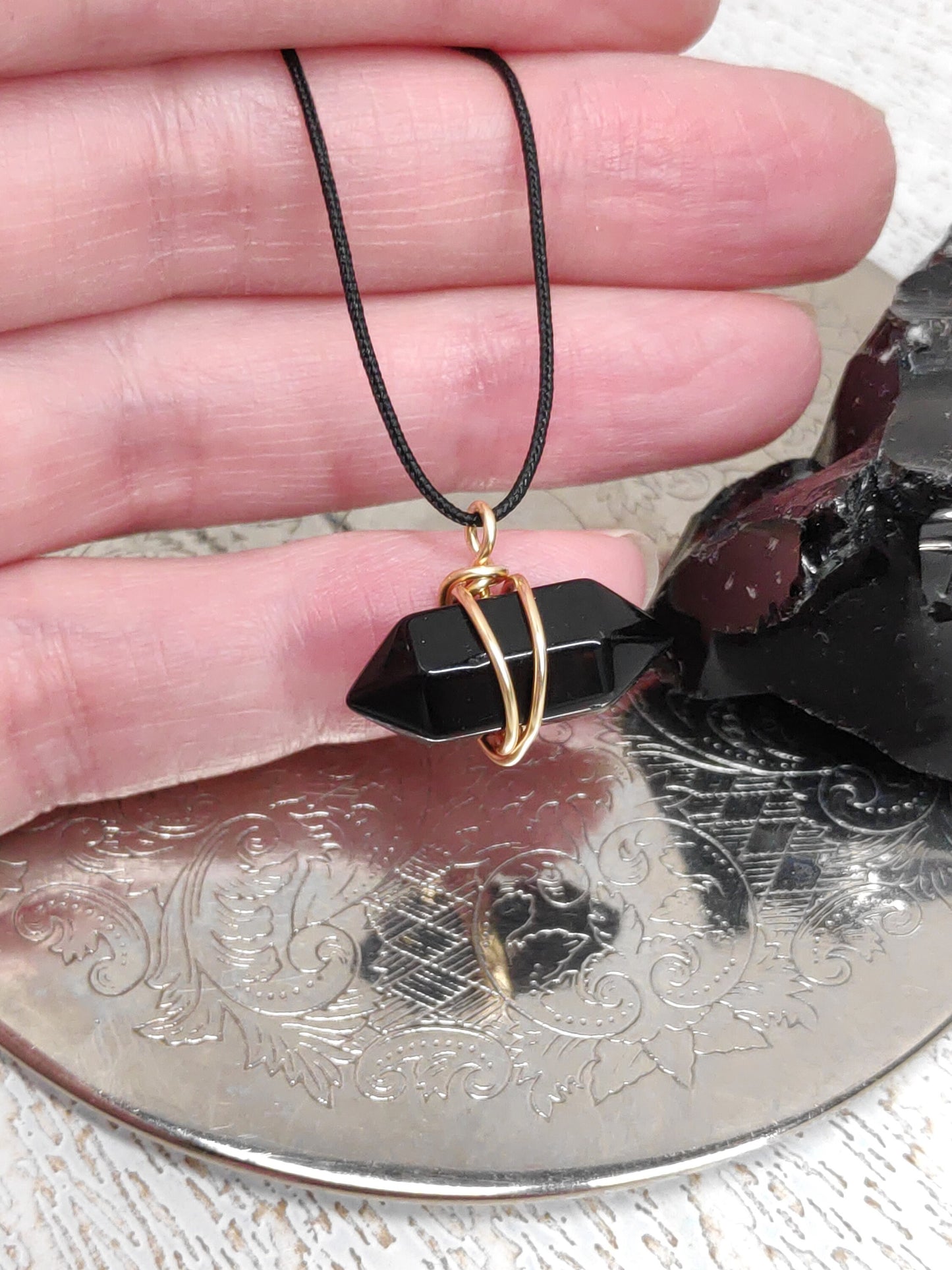 Black Obsidian Hexagon double pointed Crystal Necklace,Adjustable Trendy, bad eye Protection, Bohemian Black Cord Necklace