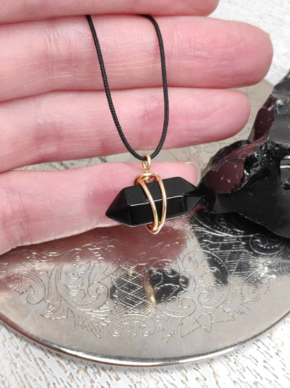 Black Obsidian Hexagon double pointed Crystal Necklace,Adjustable Trendy, bad eye Protection, Bohemian Black Cord Necklace