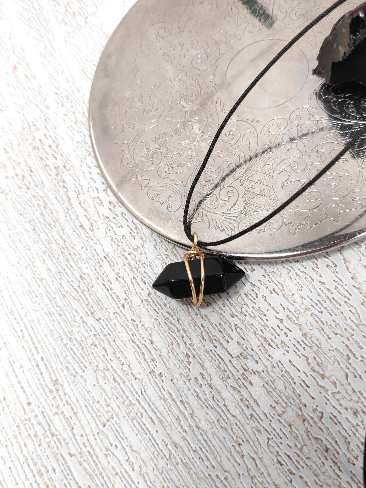 Black Obsidian Hexagon double pointed Crystal Necklace,Adjustable Trendy, bad eye Protection, Bohemian Black Cord Necklace