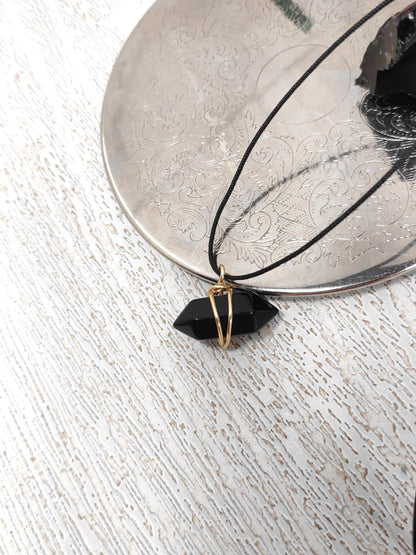 Black Obsidian Hexagon double pointed Crystal Necklace,Adjustable Trendy, bad eye Protection, Bohemian Black Cord Necklace