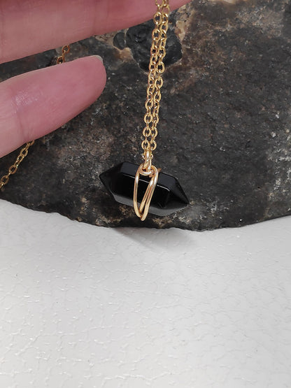 Black Obsidian Hexagon double pointed Crystal Necklace,Adjustable Trendy, bad eye Protection, Bohemian Black Cord Necklace