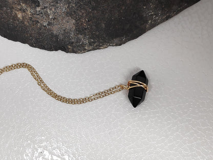 Black Obsidian Hexagon double pointed Crystal Necklace,Adjustable Trendy, bad eye Protection, Bohemian Black Cord Necklace