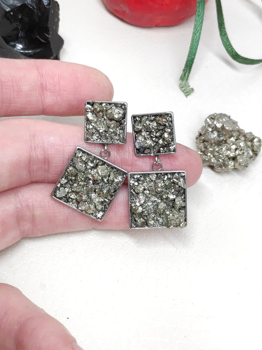 Raw Pyrite Square Studs Earrings, Healing earrings, raw Iron Pyrite earrings, handmade dainty earrings, wealth stone, gemstone