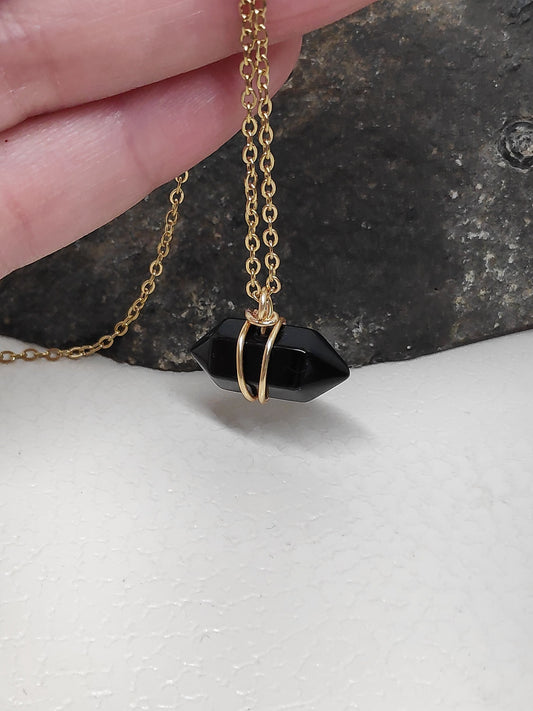Black Obsidian Hexagon double pointed Crystal Necklace,Adjustable Trendy, bad eye Protection, Bohemian Black Cord Necklace