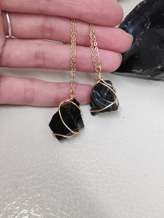 Raw Black Obsidian Pendant, Healing Crystal Pendant, Wire Wrapped Raw Stone Necklace, Protection Pendant Necklace,Natural Gemstone