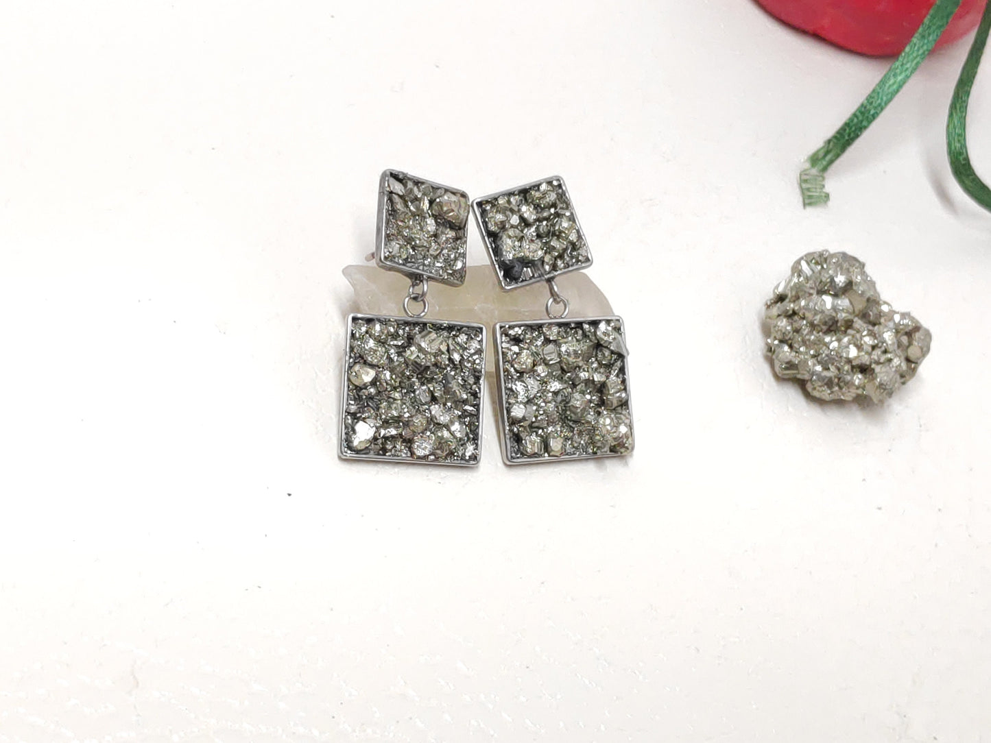 Raw Pyrite Square Studs Earrings, Healing earrings, raw Iron Pyrite earrings, handmade dainty earrings, wealth stone, gemstone