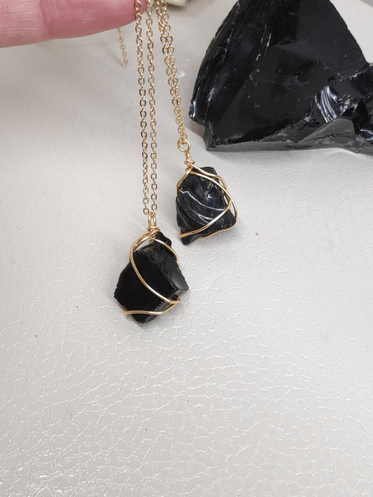 Raw Black Obsidian Pendant, Healing Crystal Pendant, Wire Wrapped Raw Stone Necklace, Protection Pendant Necklace,Natural Gemstone