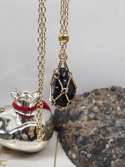 Raw Obsidian Necklace, Stainless Steel Cage Replaceable Crystal Pendant Necklace, Rough Black Obsidian Pendant, Protection Jewelry women