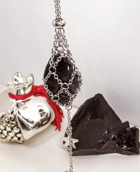 Raw Obsidian Necklace, Steel Cage Replaceable Crystal Pendant Necklace, Rough Black Obsidian Pendant, Protection Jewelry women