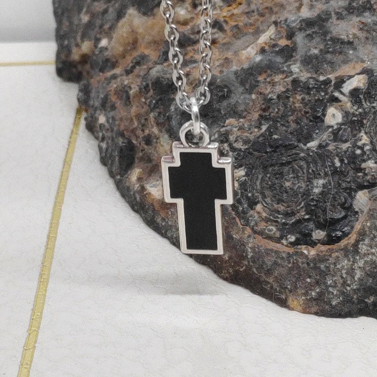 Black Enamel Cross in silver or gold pendant, chain or black cord Adjustable Necklace, gift for believer, Christian cross catholic cross