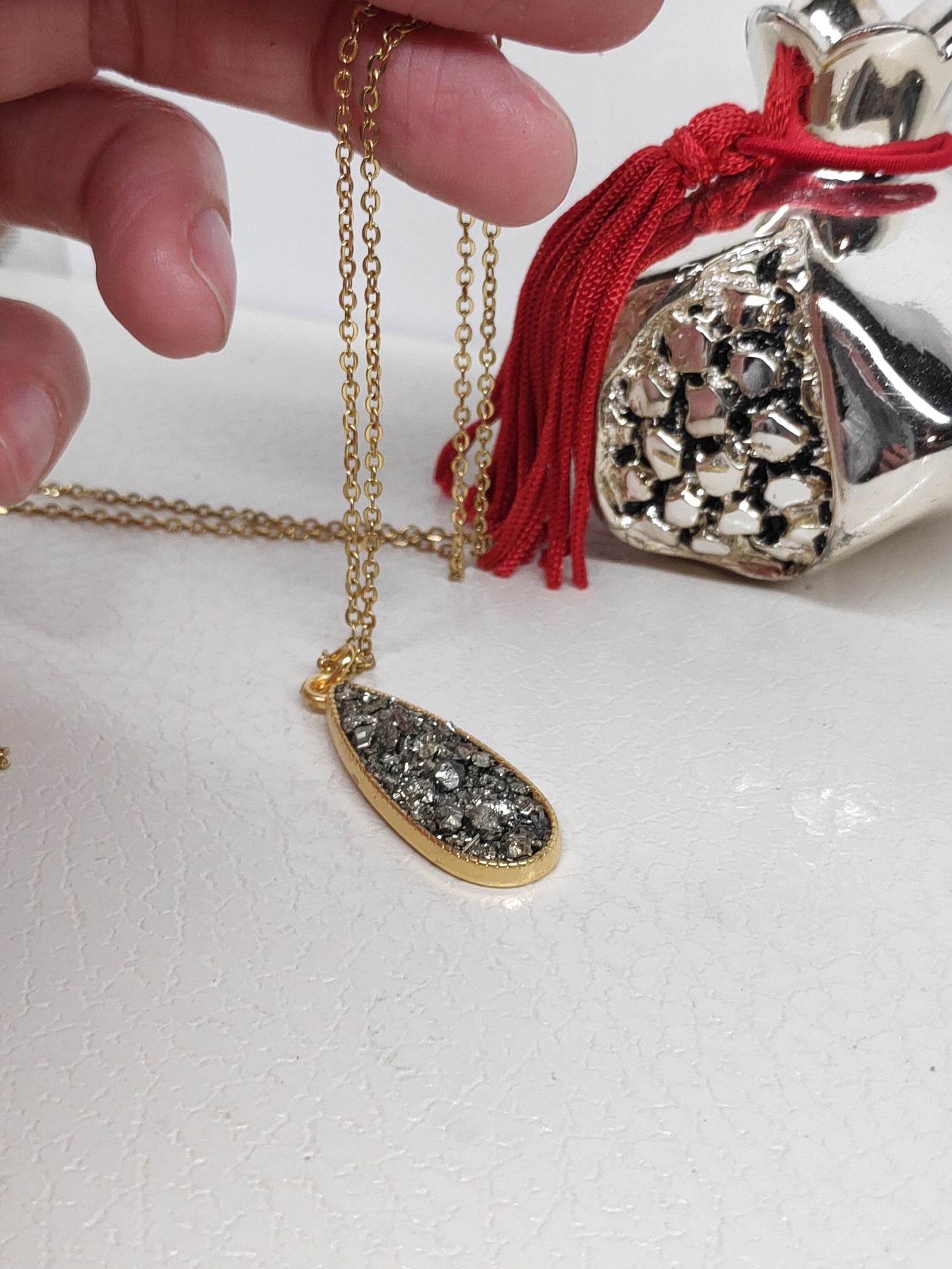 Drop pendant Raw Pyrite Cubes Necklace, Wealth stone Necklace, Handmade Protection Jewellery, Drop shape Iron Pyrite Pendant Necklace