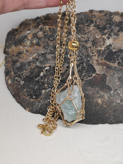 Natural Raw Aquamarine Necklace, Steel Cage Holder Crystal Pendant Necklace, Rough Aquamarine Necklace, Protection Healing Crystal Jewelry
