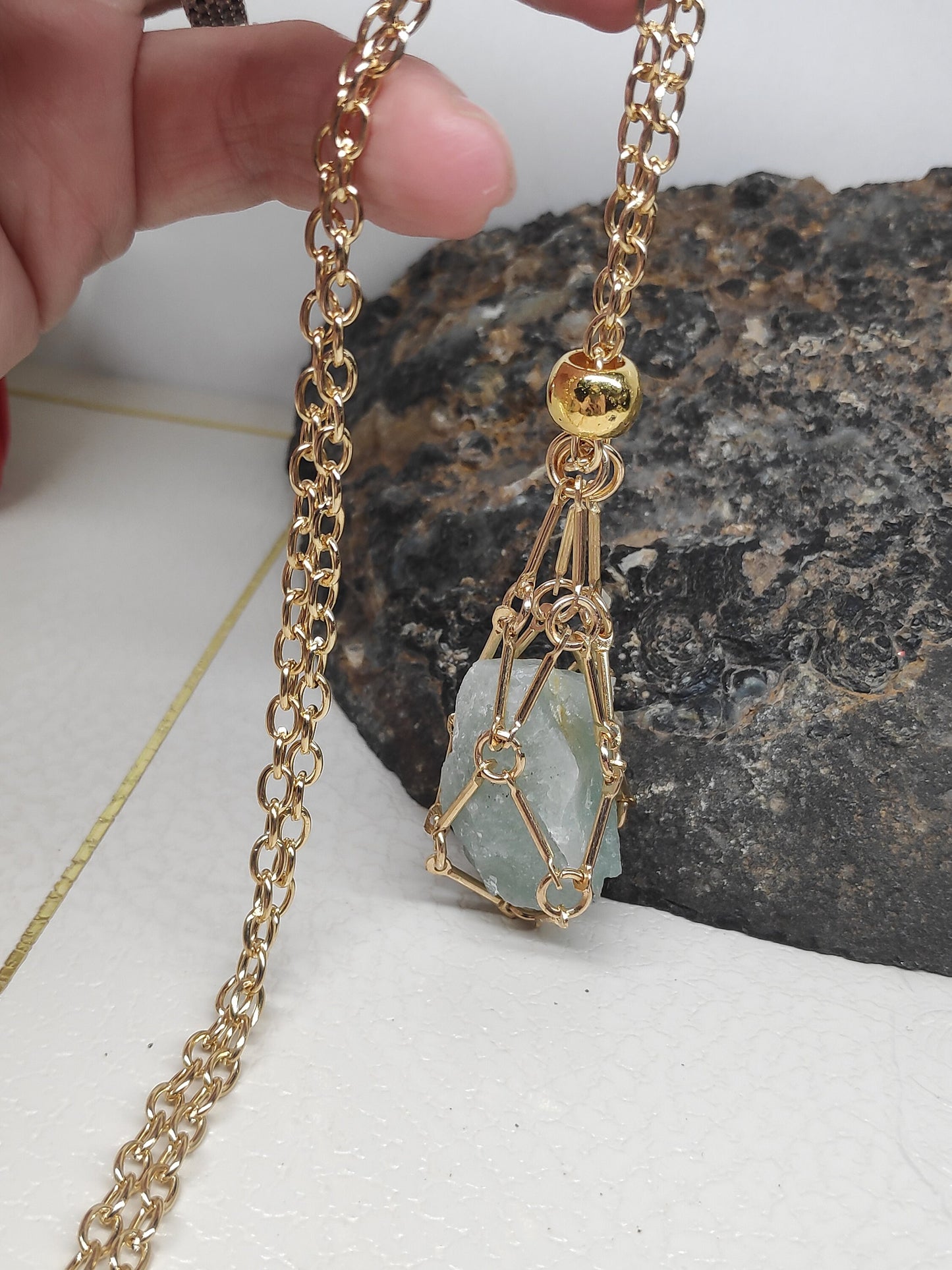 Natural Raw Aquamarine Necklace, Steel Cage Holder Crystal Pendant Necklace, Rough Aquamarine Necklace, Protection Healing Crystal Jewelry