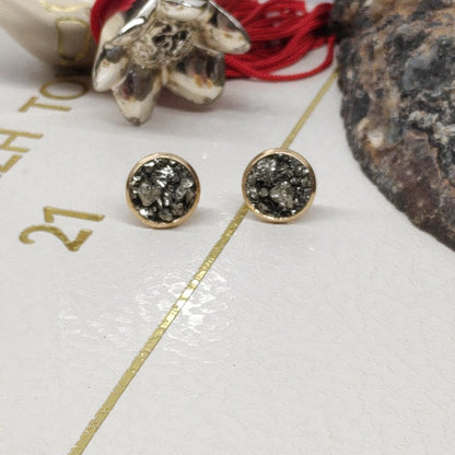 Raw Pyrite Stud Earrings round cabochon studs raw Iron Pyrite cubes jewelry,healing protection dainty handmade gemstone gift for girlfriend