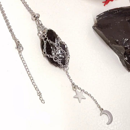 Raw Obsidian Necklace, Steel Cage Replaceable Crystal Pendant Necklace, Rough Black Obsidian Pendant, Protection Jewelry women