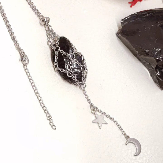 Raw Obsidian Necklace, Steel Cage Replaceable Crystal Pendant Necklace, Rough Black Obsidian Pendant, Protection Jewelry women