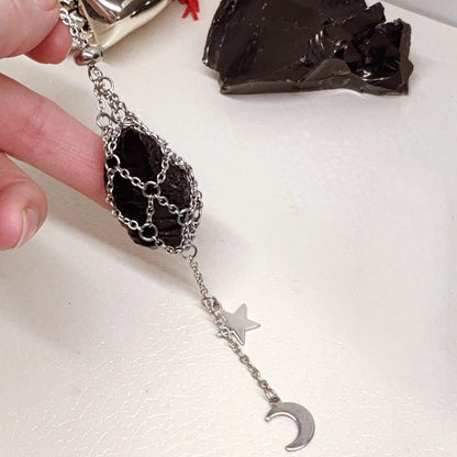 Raw Obsidian Necklace, Steel Cage Replaceable Crystal Pendant Necklace, Rough Black Obsidian Pendant, Protection Jewelry women