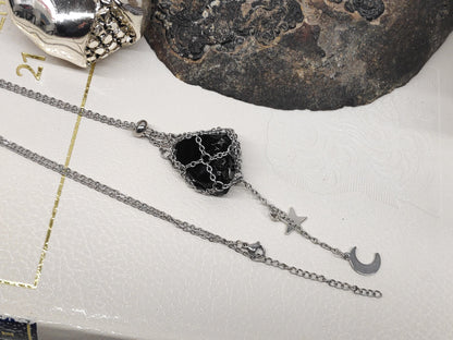Raw Obsidian Necklace, Steel Cage Replaceable Crystal Pendant Necklace, Rough Black Obsidian Pendant, Protection Jewelry women