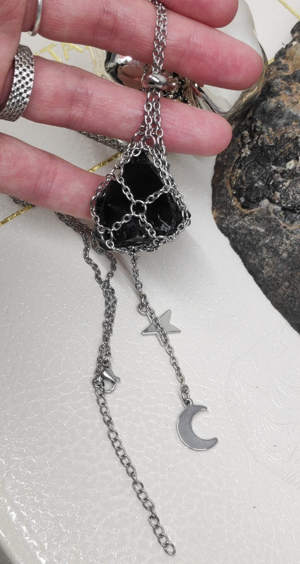 Raw Obsidian Necklace, Steel Cage Replaceable Crystal Pendant Necklace, Rough Black Obsidian Pendant, Protection Jewelry women