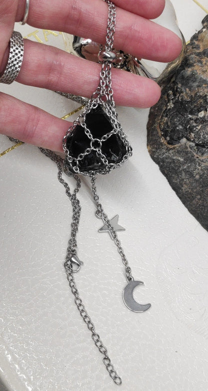 Raw Obsidian Necklace, Steel Cage Replaceable Crystal Pendant Necklace, Rough Black Obsidian Pendant, Protection Jewelry women