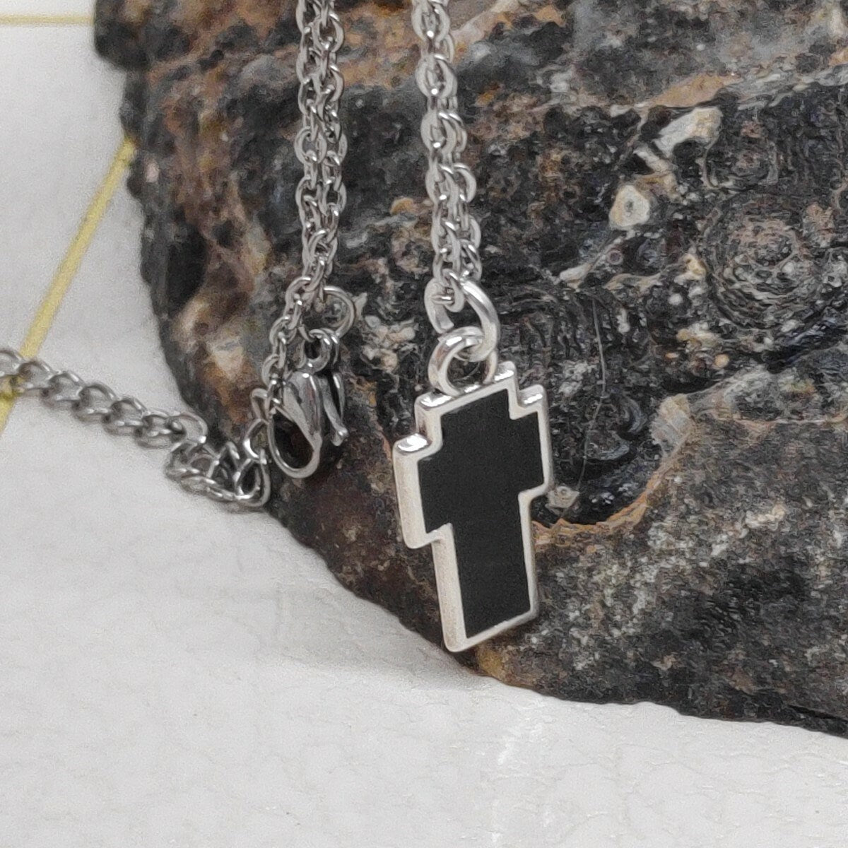 Black Enamel Cross in silver or gold pendant, chain or black cord Adjustable Necklace, gift for believer, Christian cross catholic cross