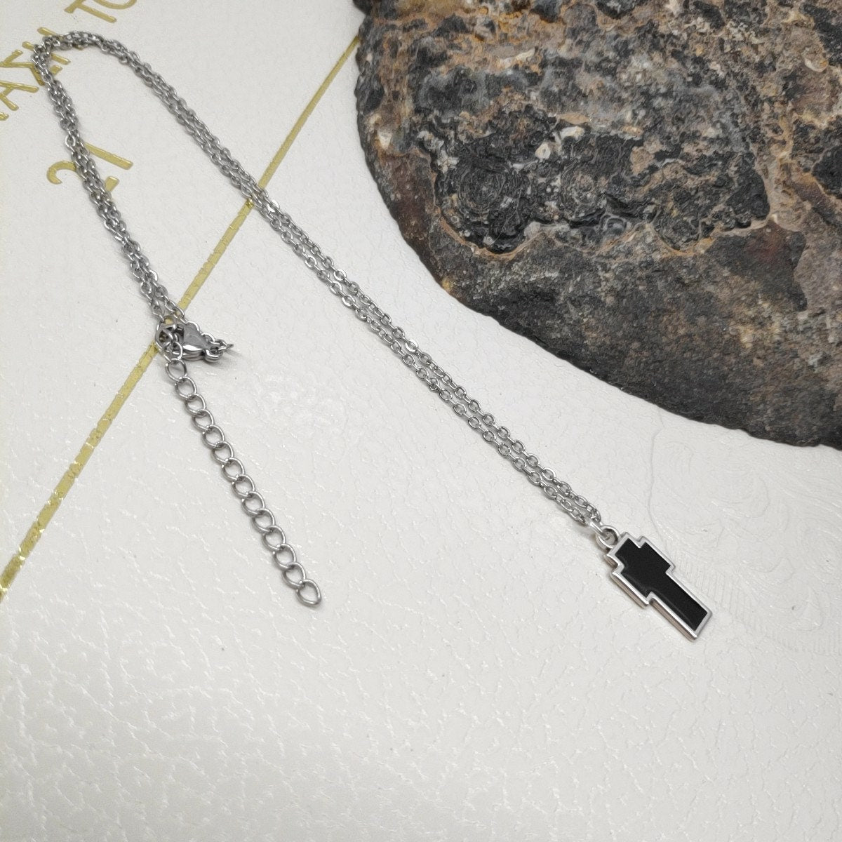 Black Enamel Cross in silver or gold pendant, chain or black cord Adjustable Necklace, gift for believer, Christian cross catholic cross