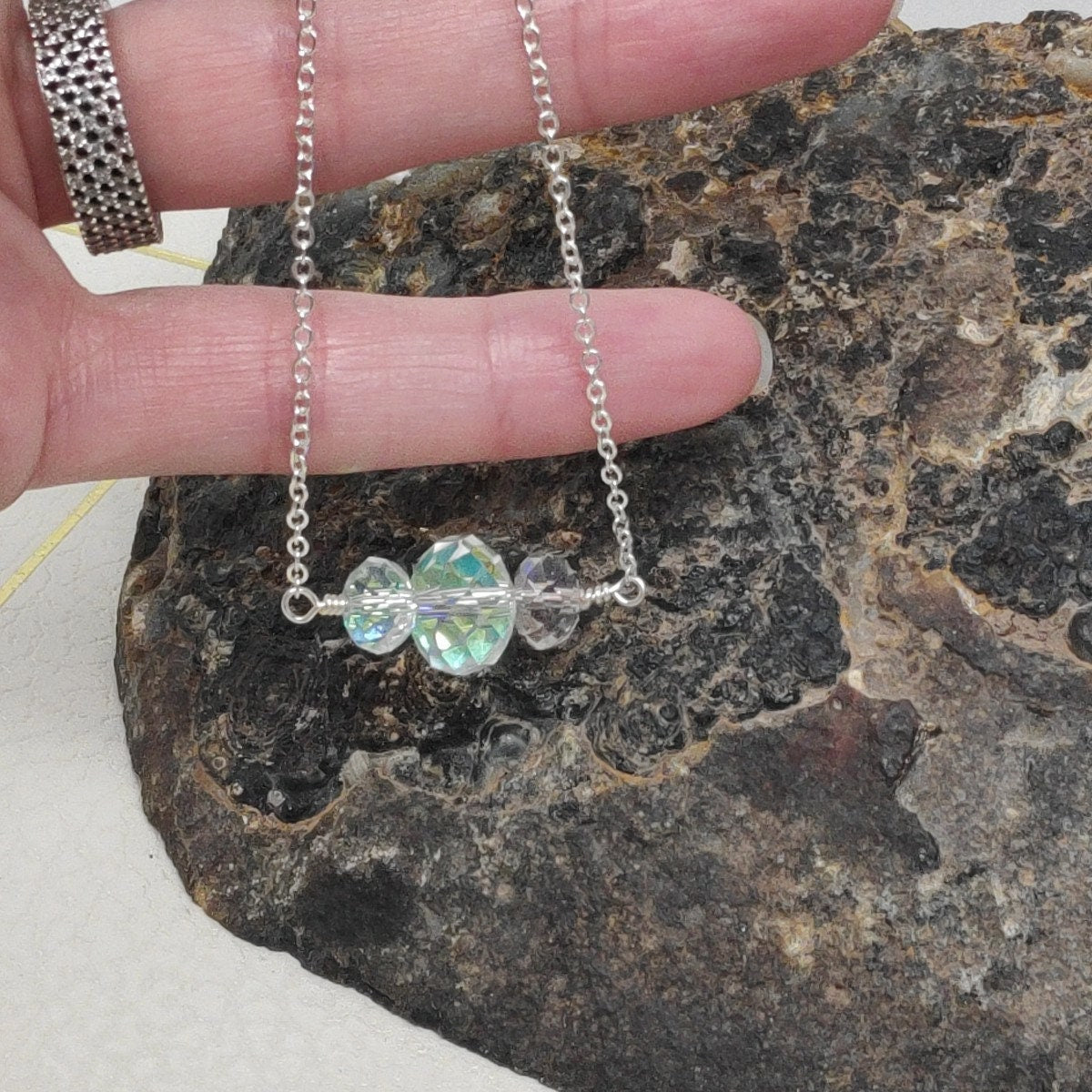 Three sparkly acrylic transparent beads Necklace, stainless steel chain, charm trendy, bohemian, party, gift for girlfriend accessories girl