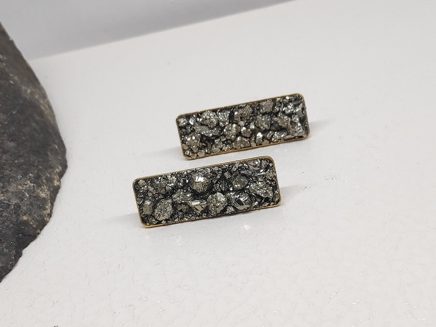 Pyrite Rectangular Studs Earrings, Wealth stone Healing Protection earrings, raw Iron Pyrite earrings, handmade, dainty, gemstone