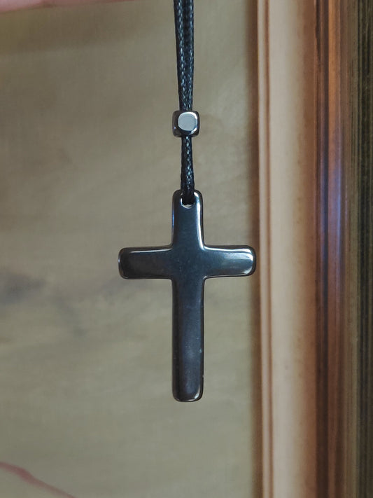 Hematite Cross Pendant Necklace,  Christian Religious Classic Cross Charms Gemstone Cross, black cord necklace Men , Gift for beliver