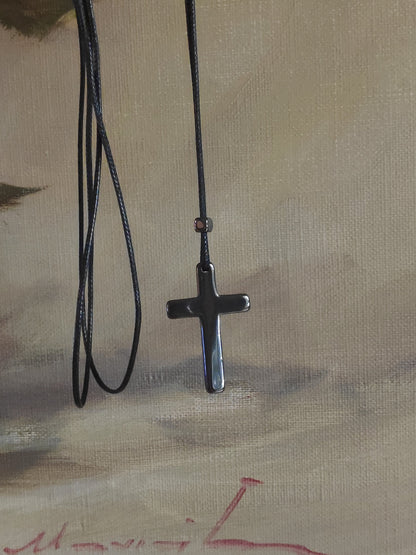 Hematite Cross Pendant Necklace,  Christian Religious Classic Cross Charms Gemstone Cross, black cord necklace Men , Gift for beliver
