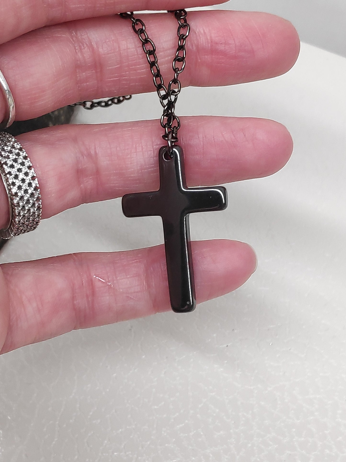Hematite Cross Pendant Necklace,  Christian Religious Classic Cross Charms Gemstone Necklace, stainless steel chain Men , Gift for beliver