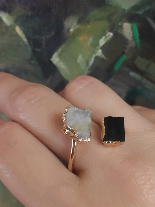 Open finger ring with two raw crystals Black Tourmaline and quartz druzy crystal, natural gem, fashion dainty elegant healing protection