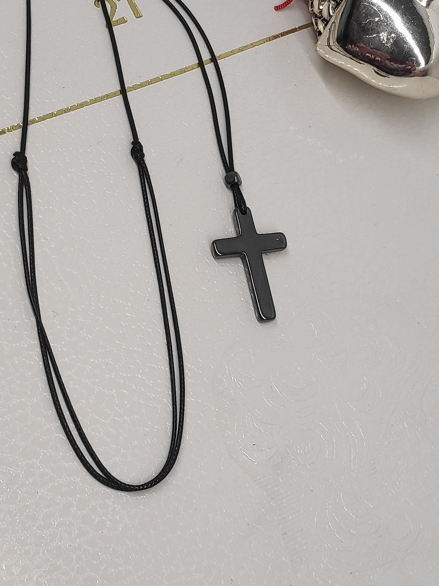 Hematite Cross Pendant Necklace,  Christian Religious Classic Cross Charms Gemstone Cross, black cord necklace Men , Gift for beliver