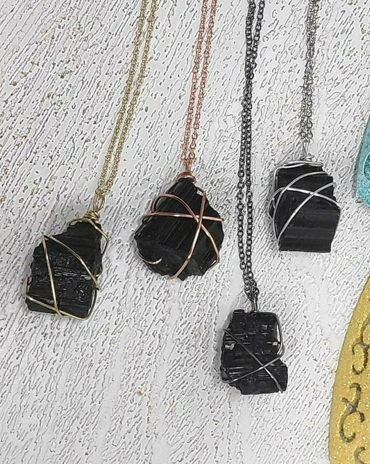 Raw Black Tourmaline Necklace, Dainty Random Wire Wrap Pendant, Reiki stone, Spiritual Healing Protection Stone, Natural Raw Gemstone