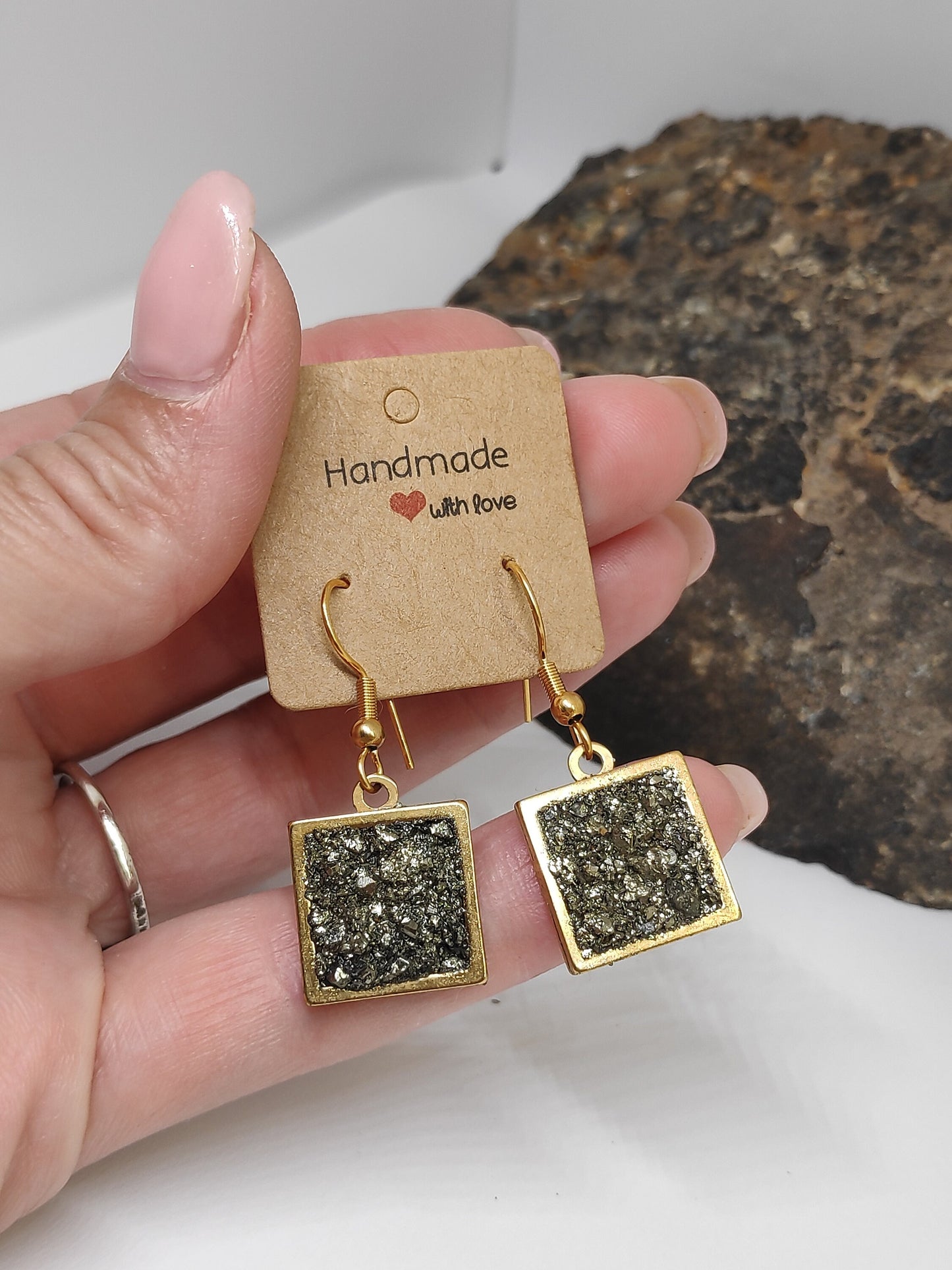 Raw Pyrite in Square cabochon, hooks stainless steel Earrings, wealth stone,bohemian,dainty, Healing, Protection, handmade,natural gemstone